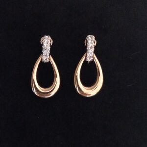 Vintage Panetta Gold Tone Teardrop Hoop Earrings w/ Crystal Accents Signed